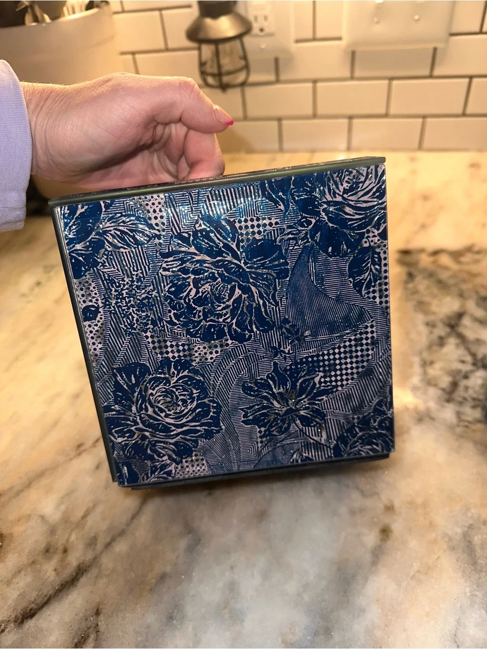 MacKenzie-Childs Royal Rose Blue Tissue Box Cover & Cotton Ball Holder